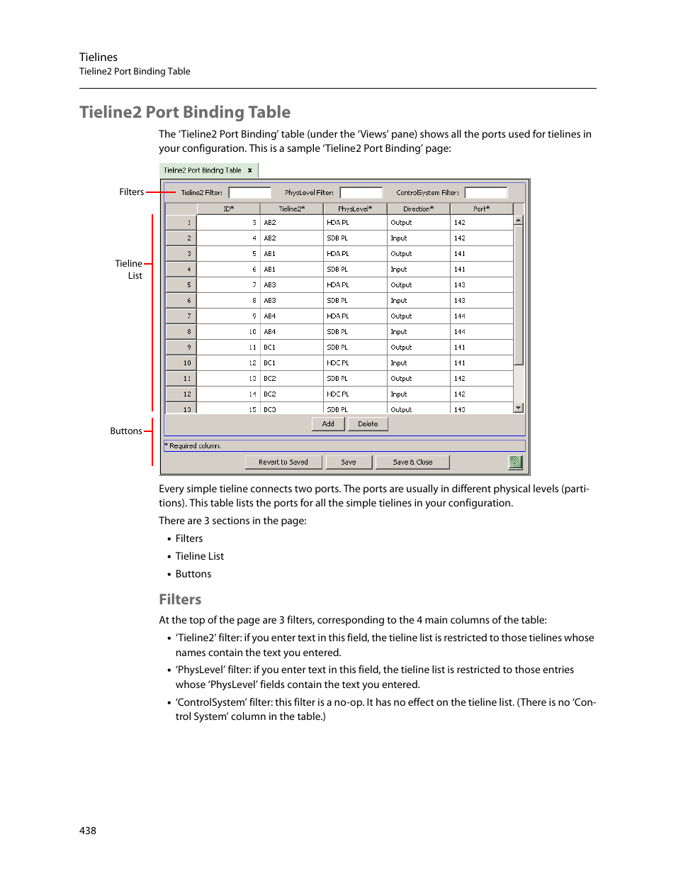 Tieline2 port binding table, Filters | Grass Valley NV9000-SE v.5.0 User Manual | Page 456 / 540