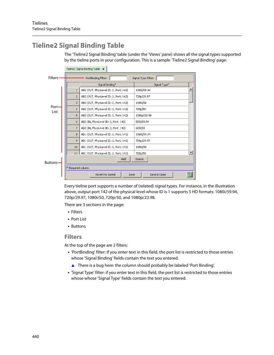 Tieline2 signal binding table, Filters | Grass Valley NV9000-SE v.5.0 User Manual | Page 458 / 540