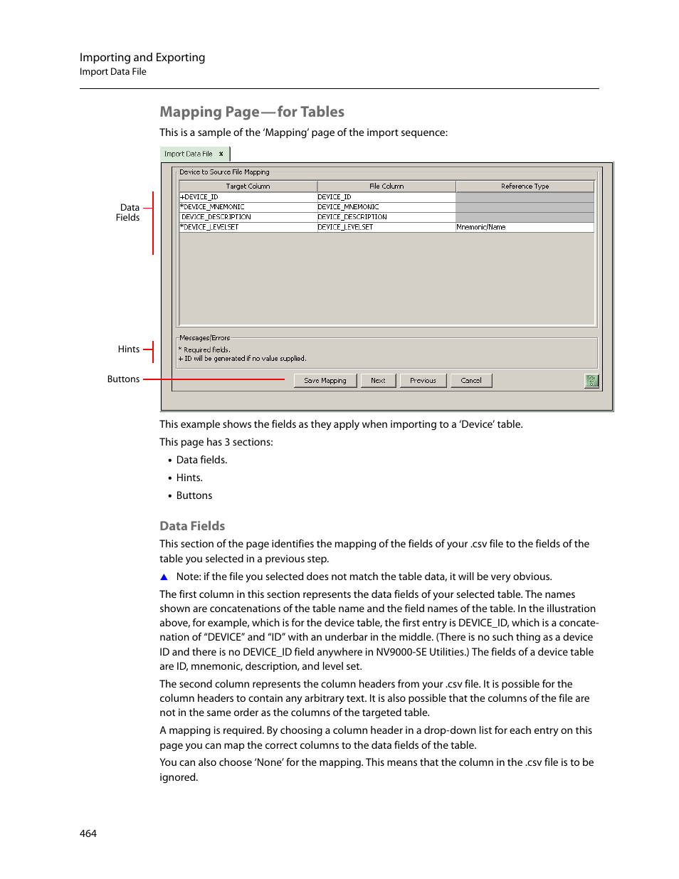 Data fields, Mapping page, For tables | Grass Valley NV9000-SE v.5.0 User Manual | Page 482 / 540