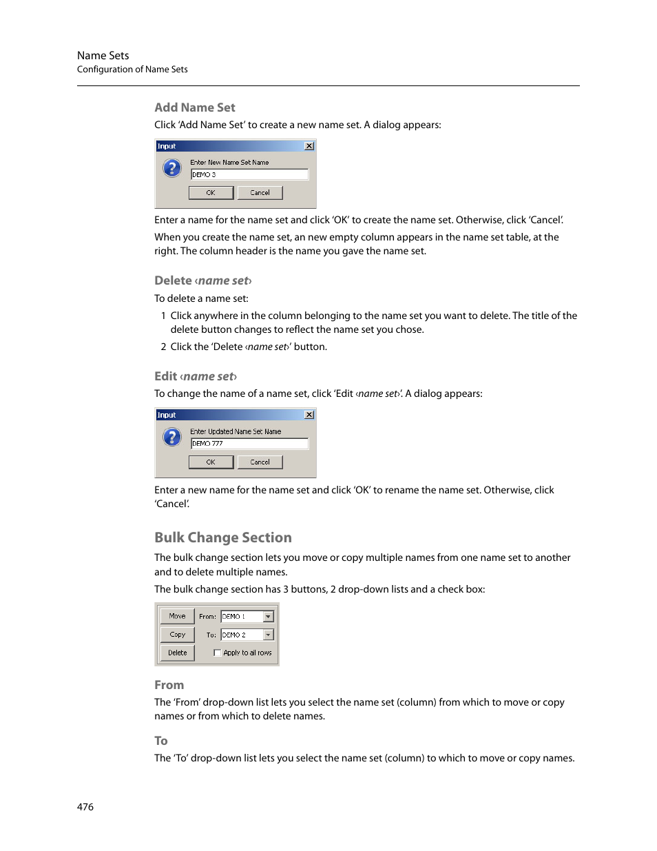 Add name set, Delete ‹name set, Edit ‹name set | Bulk change section, From | Grass Valley NV9000-SE v.5.0 User Manual | Page 494 / 540