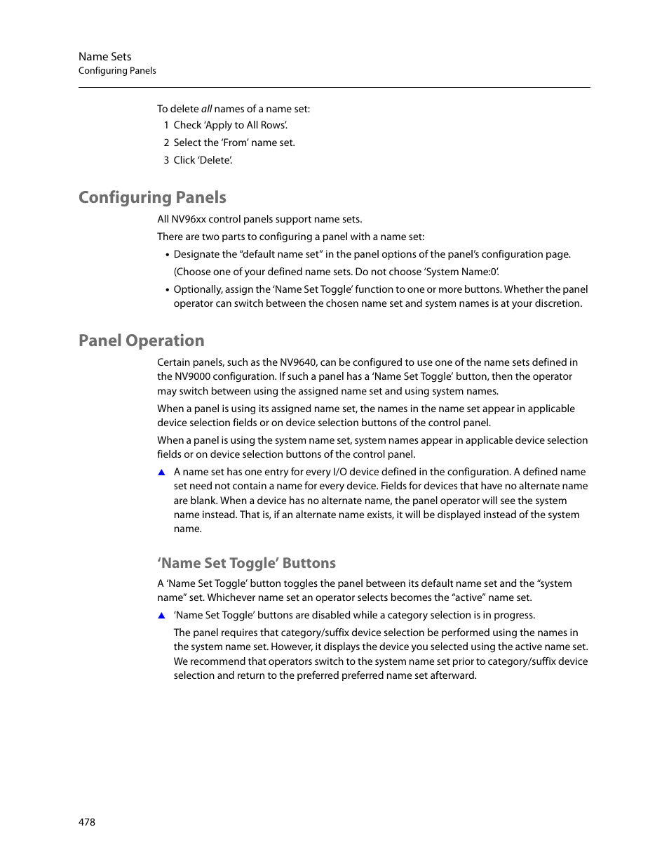 Configuring panels, Panel operation, Name set toggle’ buttons | Configuring panels panel operation | Grass Valley NV9000-SE v.5.0 User Manual | Page 496 / 540