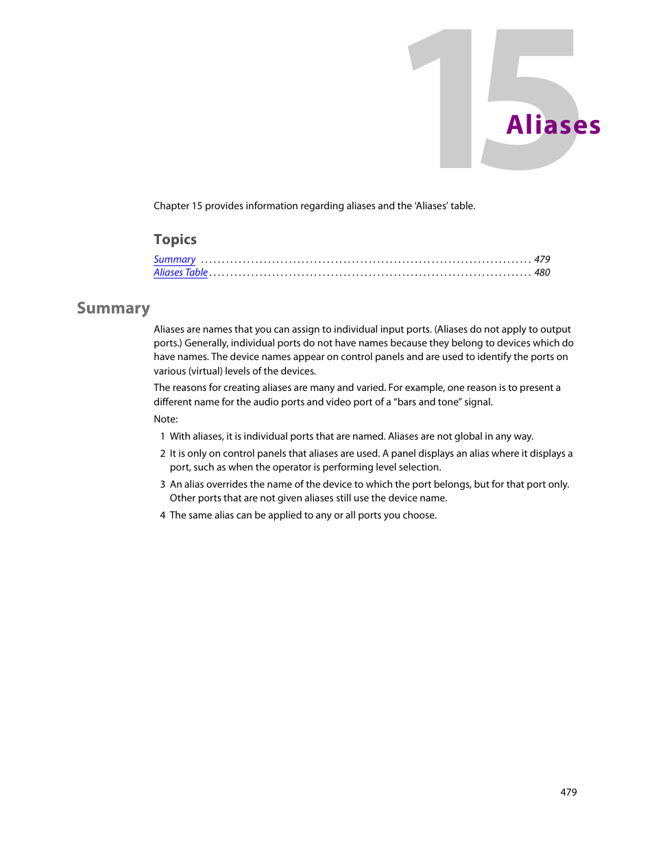 Aliases, Summary, 15 aliases | Topics | Grass Valley NV9000-SE v.5.0 User Manual | Page 497 / 540