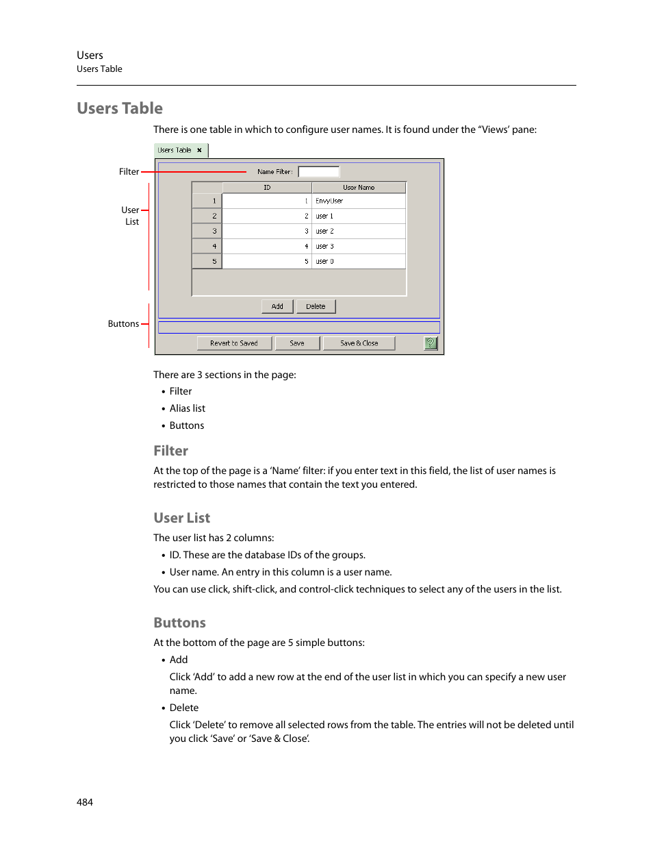 Users table, Filter, User list | Buttons, Filter user list buttons | Grass Valley NV9000-SE v.5.0 User Manual | Page 502 / 540