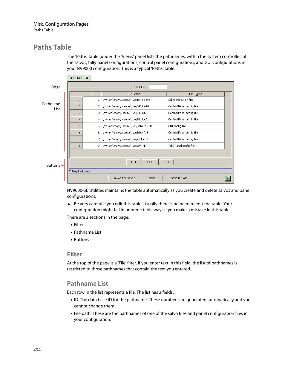 Paths table, Filter, Pathname list | Filter pathname list | Grass Valley NV9000-SE v.5.0 User Manual | Page 512 / 540