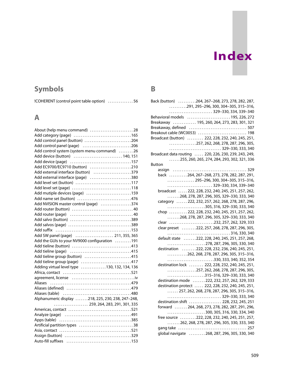 Index, Symbols | Grass Valley NV9000-SE v.5.0 User Manual | Page 527 / 540