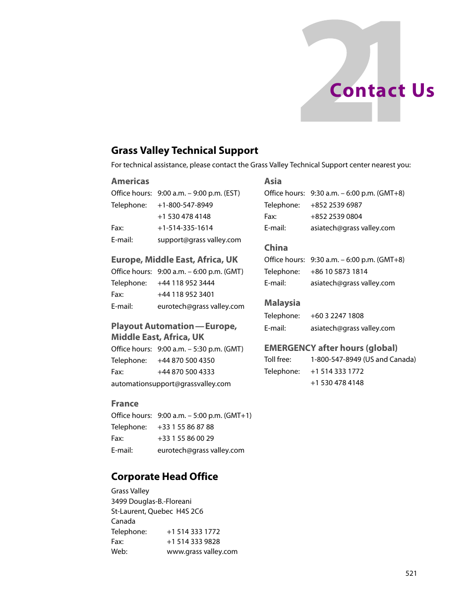 Contact us, Africa, contact, Americas, contact | Asia, contact, China, contact, Contact miranda, Corporate office, contact, Customer support, E-mail address, Europe, contact | Grass Valley NV9000-SE v.5.0 User Manual | Page 539 / 540