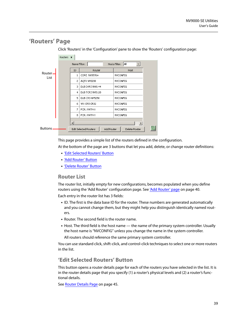 Router list, Edit selected routers’ button, Router list ‘edit selected routers’ button | Routers’ page | Grass Valley NV9000-SE v.5.0 User Manual | Page 57 / 540