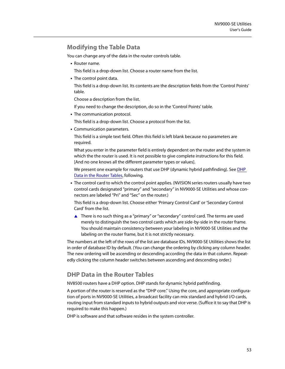 Modifying the table data, Dhp data in the router tables | Grass Valley NV9000-SE v.5.0 User Manual | Page 71 / 540