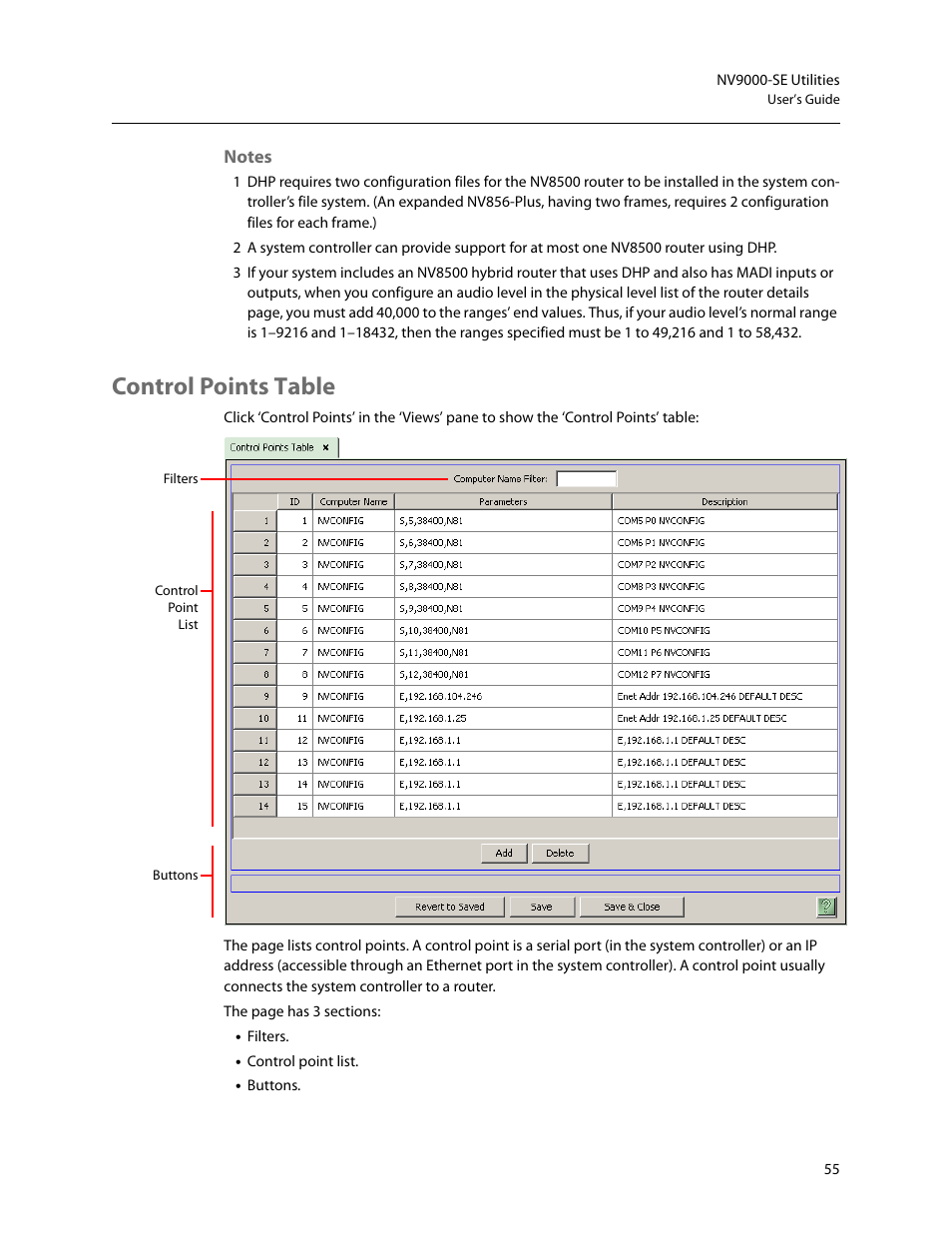 Notes, Control points table | Grass Valley NV9000-SE v.5.0 User Manual | Page 73 / 540