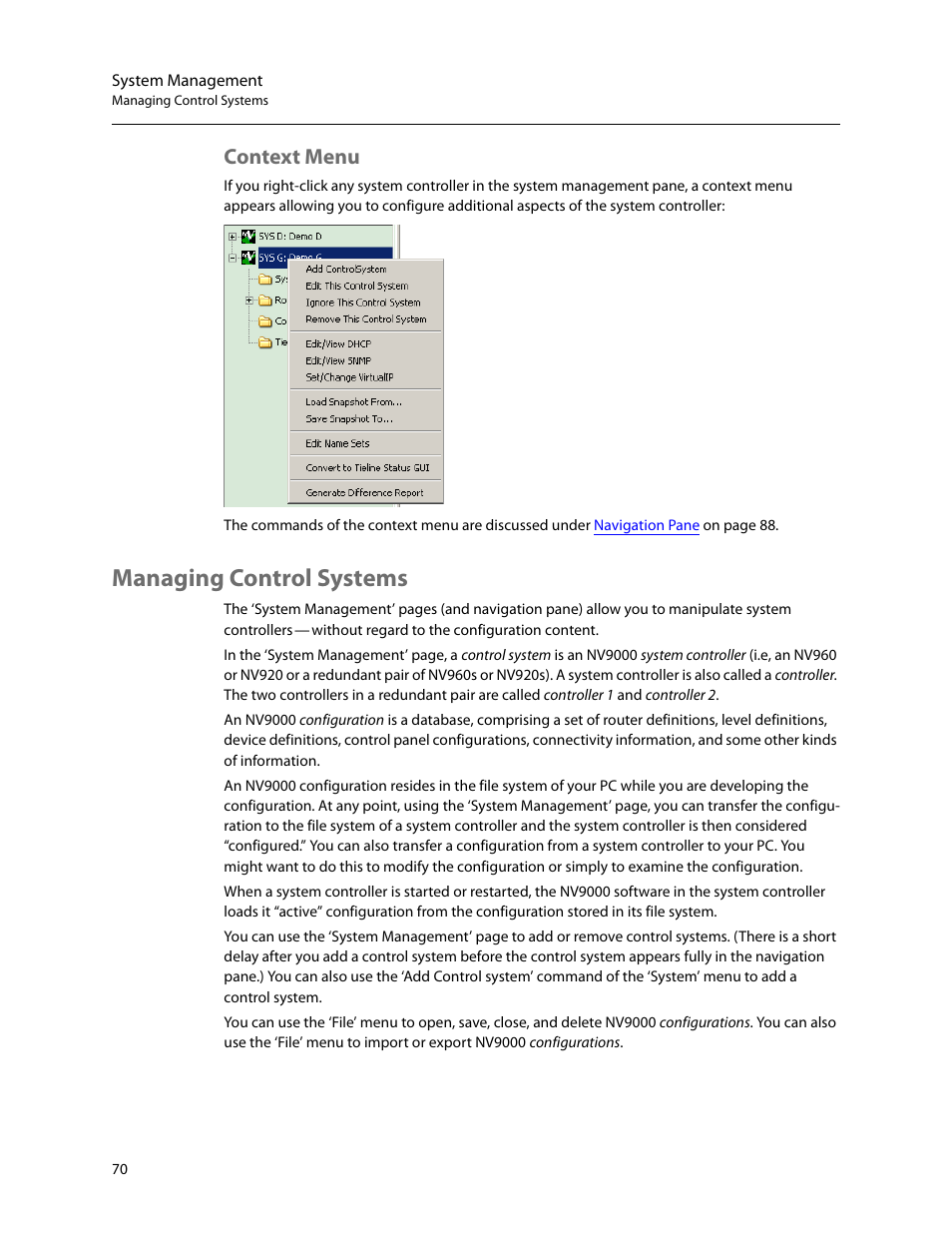 Context menu, Managing control systems | Grass Valley NV9000-SE v.5.0 User Manual | Page 88 / 540