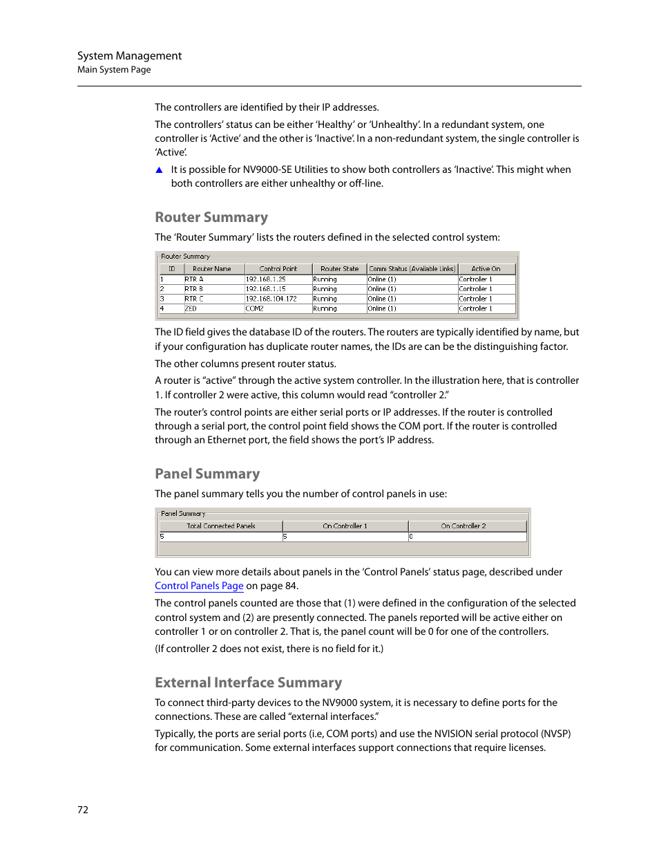 Router summary, Panel summary, External interface summary | Grass Valley NV9000-SE v.5.0 User Manual | Page 90 / 540