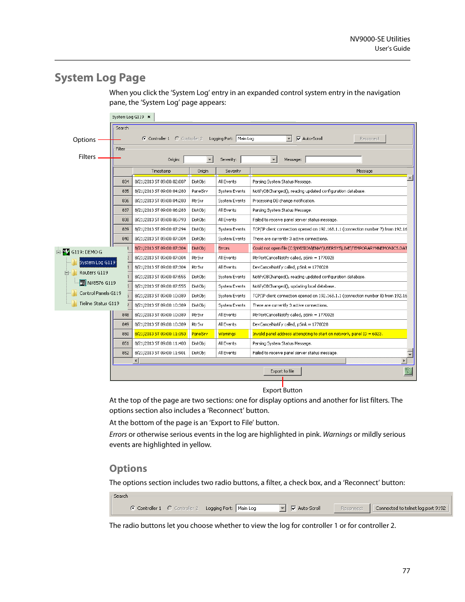 Options, System log page | Grass Valley NV9000-SE v.5.0 User Manual | Page 95 / 540