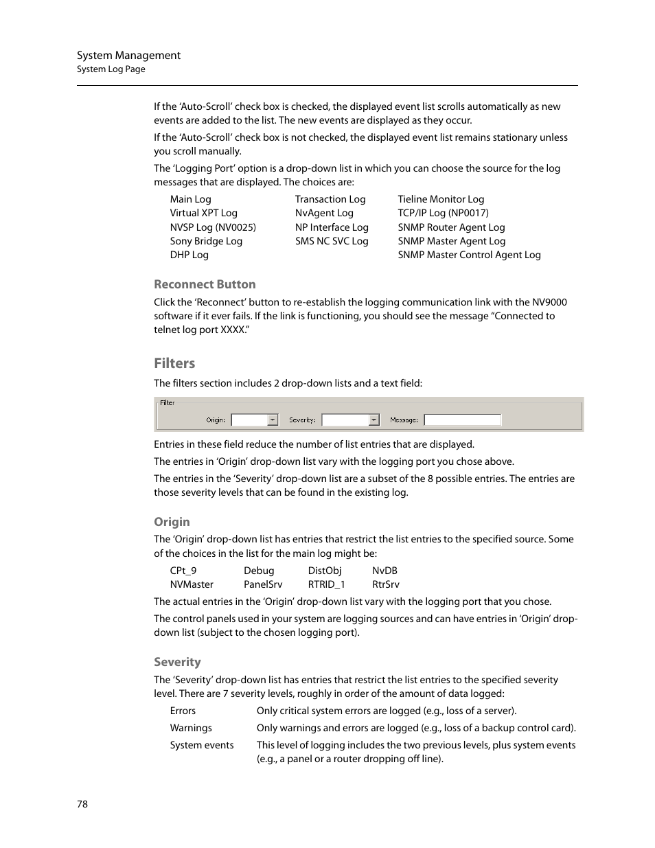 Reconnect button, Filters, Origin | Severity | Grass Valley NV9000-SE v.5.0 User Manual | Page 96 / 540