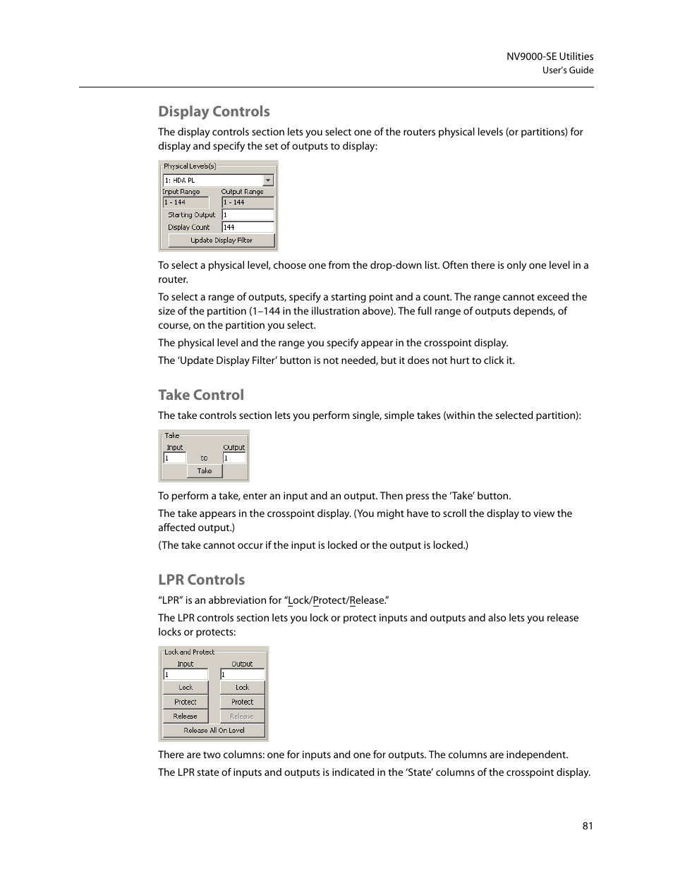 Display controls, Take control, Lpr controls | Display controls take control | Grass Valley NV9000-SE v.5.0 User Manual | Page 99 / 540