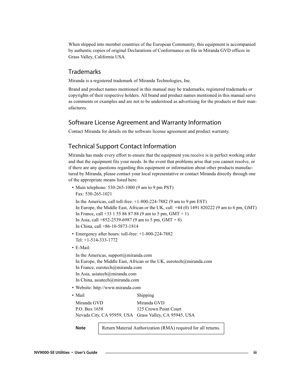 Trademarks, Technical support contact information | Grass Valley NV9000-SE v.3.0 User Manual | Page 3 / 590