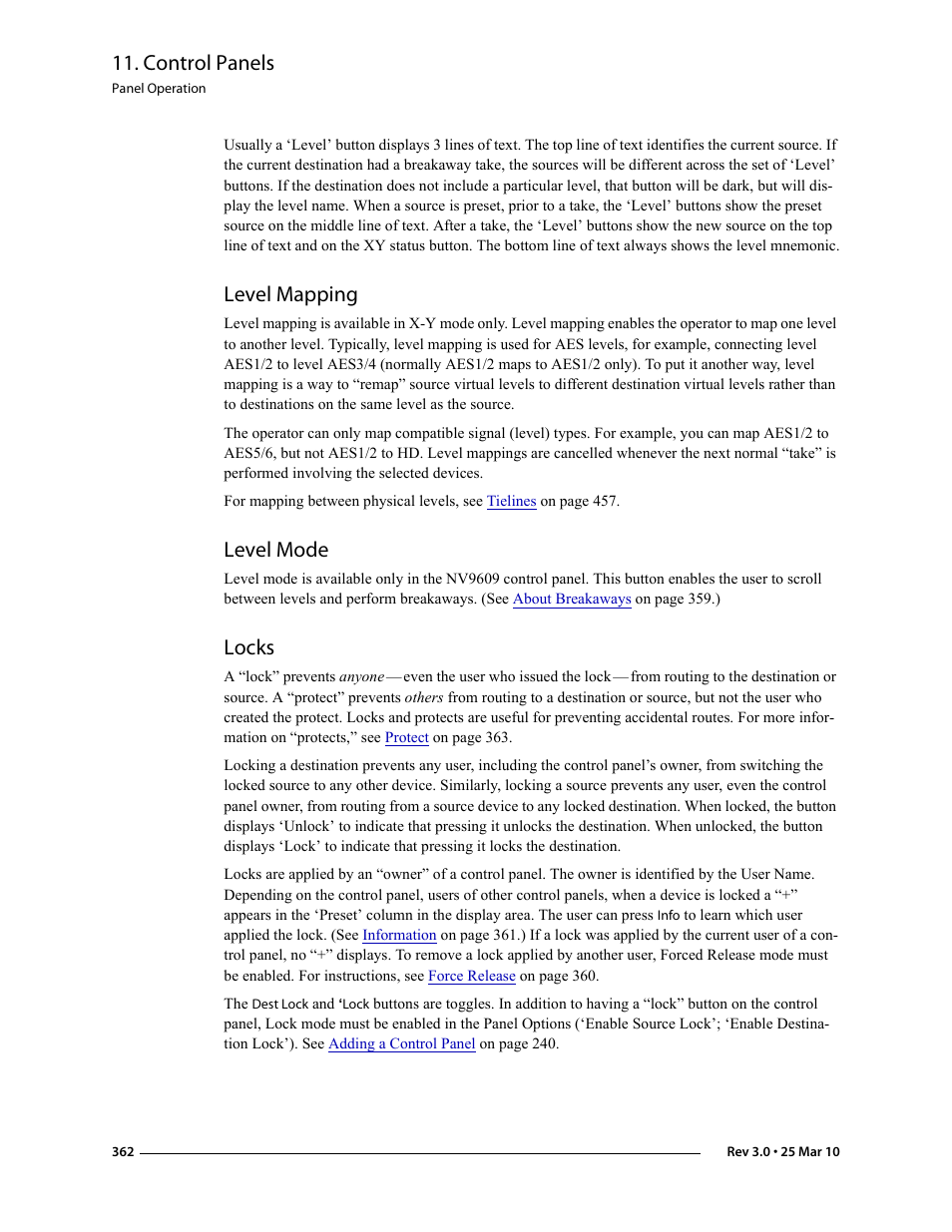Level mapping, Level mode, Locks | Level mapping level mode locks, Idental changes. (see, Control panels | Grass Valley NV9000-SE v.3.0 User Manual | Page 382 / 590