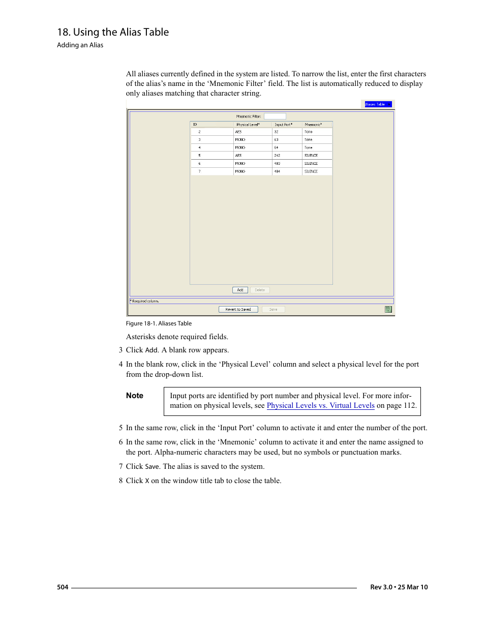 3 click add. a blank row appears, 7 click save. the alias is saved to the system, N in figure 18-1 | Using the alias table | Grass Valley NV9000-SE v.3.0 User Manual | Page 524 / 590