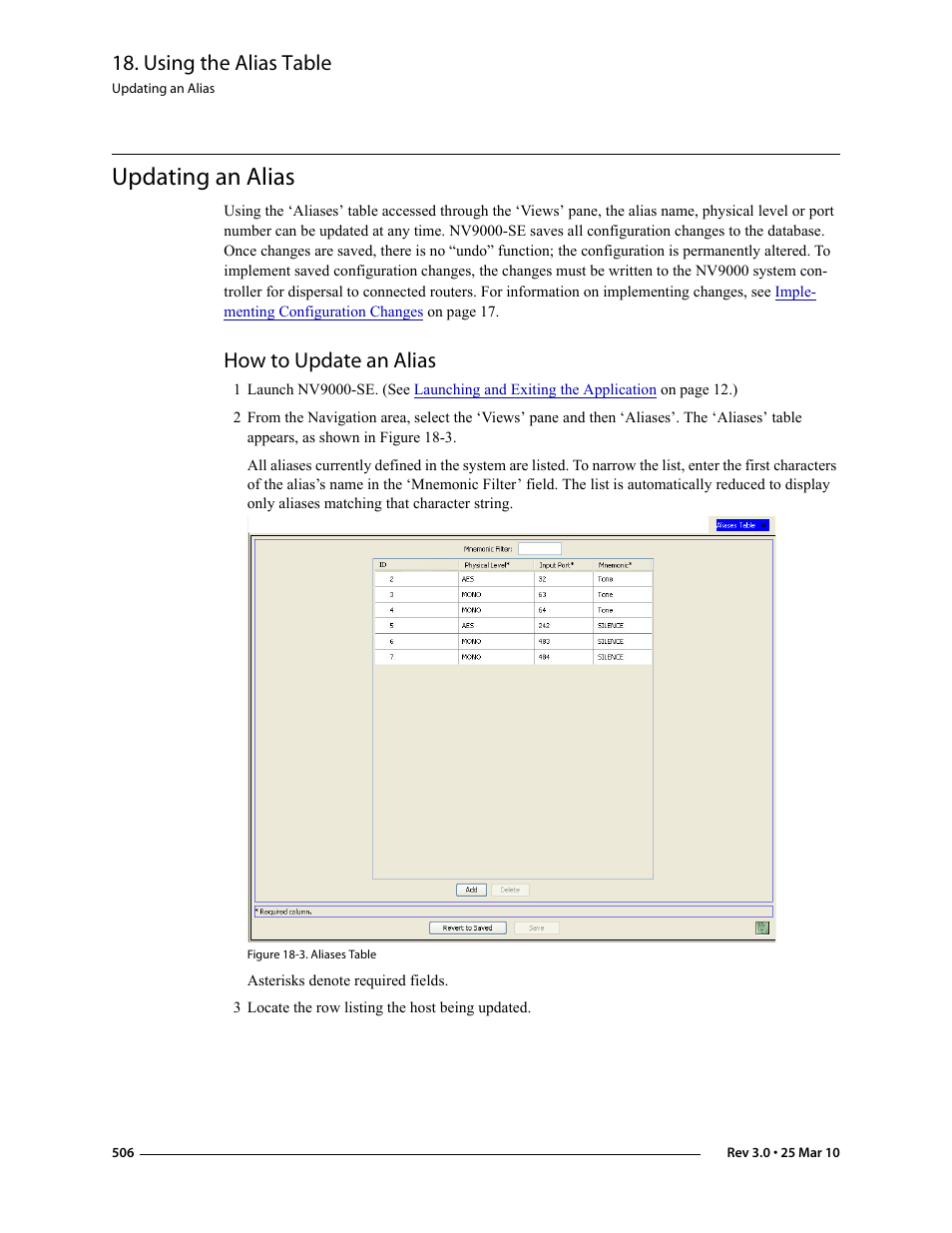 Updating an alias, How to update an alias, 3 locate the row listing the host being updated | Using the alias table | Grass Valley NV9000-SE v.3.0 User Manual | Page 526 / 590