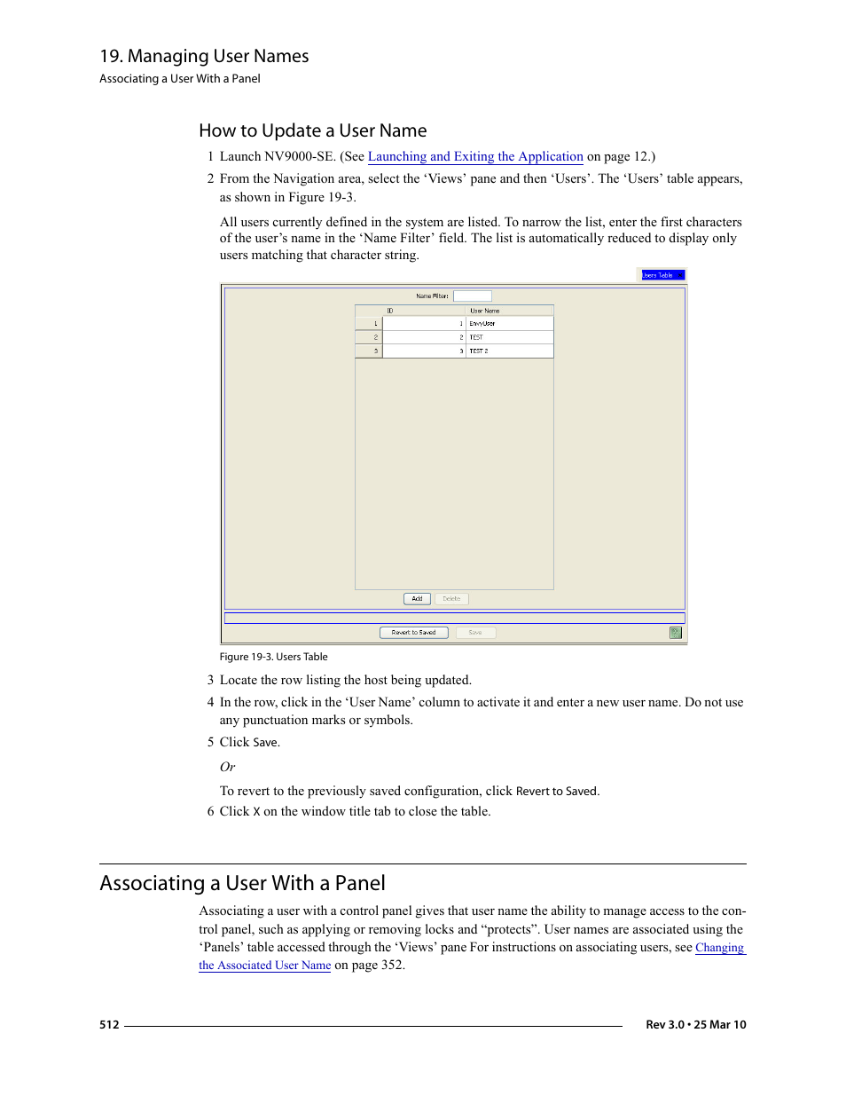 How to update a user name, 3 locate the row listing the host being updated, 5 click save | Associating a user with a panel, Managing user names | Grass Valley NV9000-SE v.3.0 User Manual | Page 532 / 590