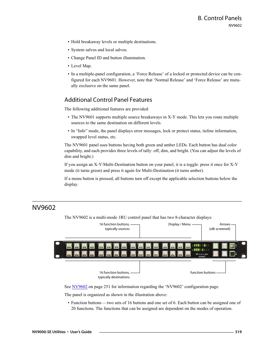 Additional control panel features, Nv9602, Ns, see | B. control panels | Grass Valley NV9000-SE v.3.0 User Manual | Page 539 / 590
