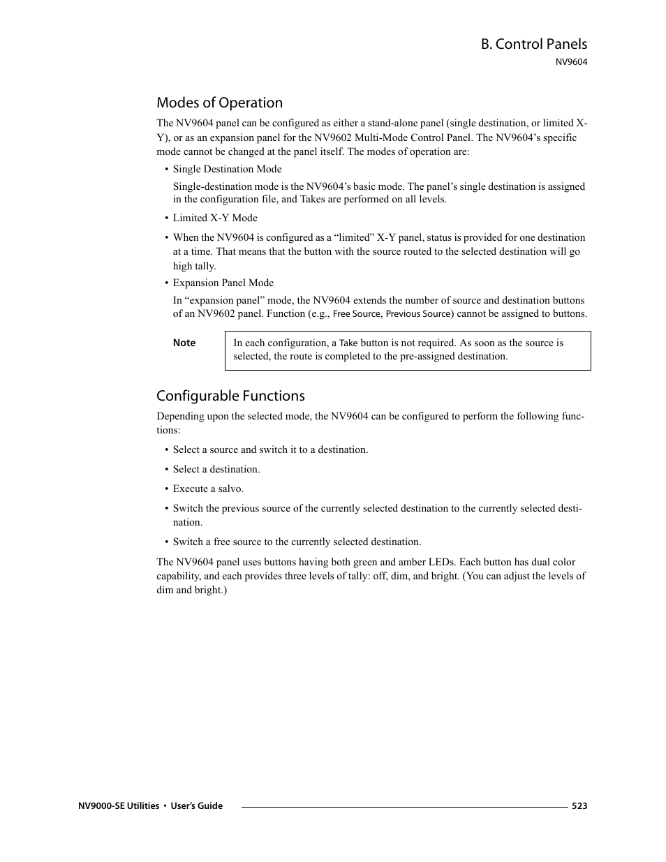 Modes of operation, Configurable functions, Modes of operation configurable functions | B. control panels | Grass Valley NV9000-SE v.3.0 User Manual | Page 543 / 590