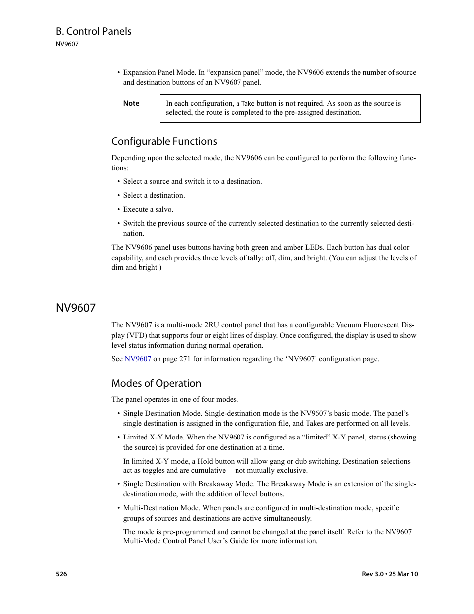 Configurable functions, Nv9607, Modes of operation | Ns, see, B. control panels | Grass Valley NV9000-SE v.3.0 User Manual | Page 546 / 590