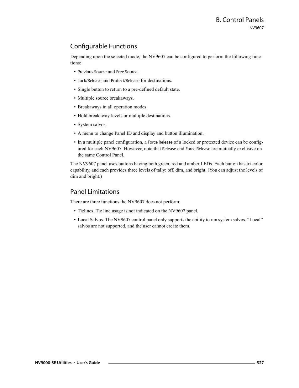 Configurable functions, Panel limitations, Configurable functions panel limitations | B. control panels | Grass Valley NV9000-SE v.3.0 User Manual | Page 547 / 590