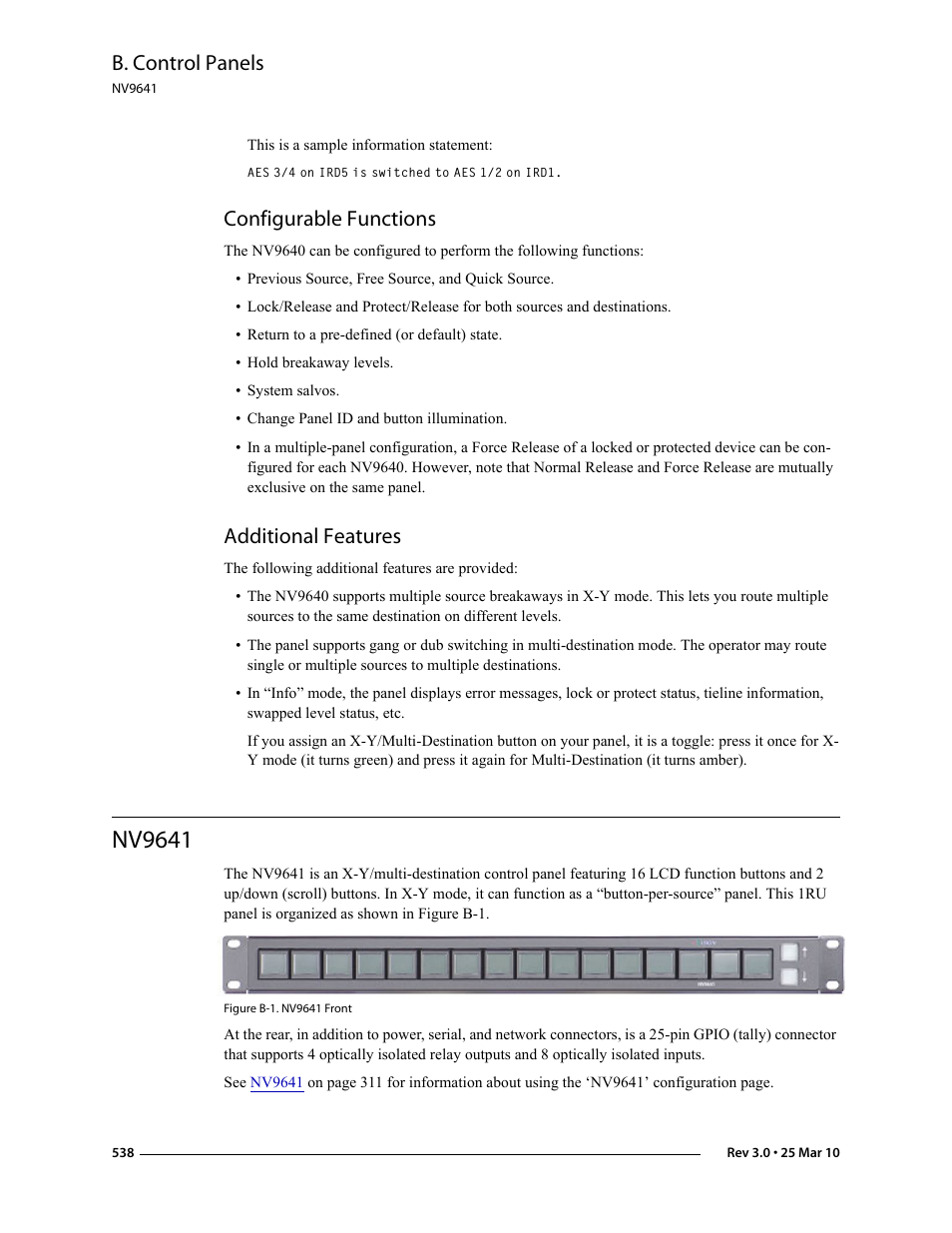Configurable functions, Additional features, Nv9641 | Configurable functions additional features, Ns, see, B. control panels | Grass Valley NV9000-SE v.3.0 User Manual | Page 558 / 590