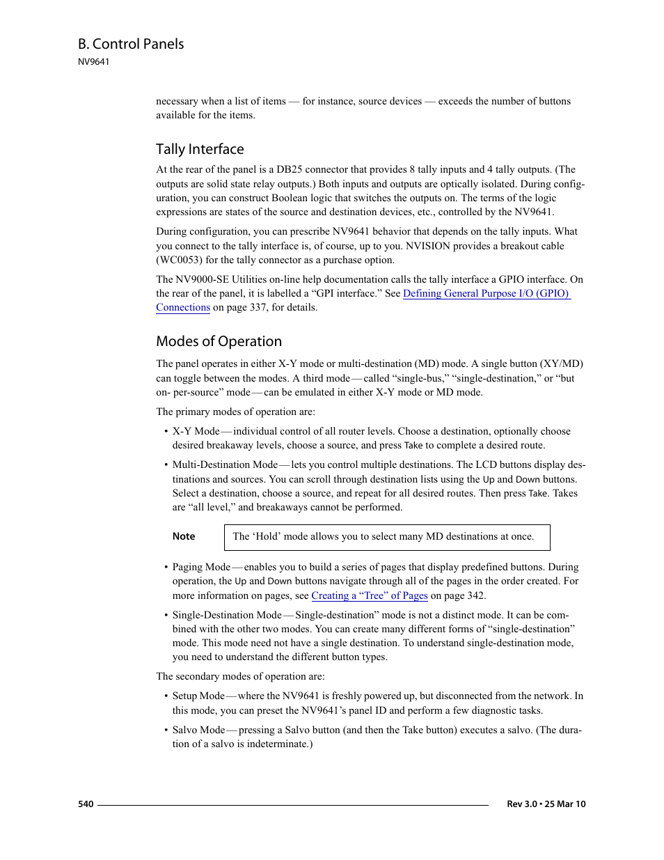 Tally interface, Modes of operation, Tally interface modes of operation | B. control panels | Grass Valley NV9000-SE v.3.0 User Manual | Page 560 / 590