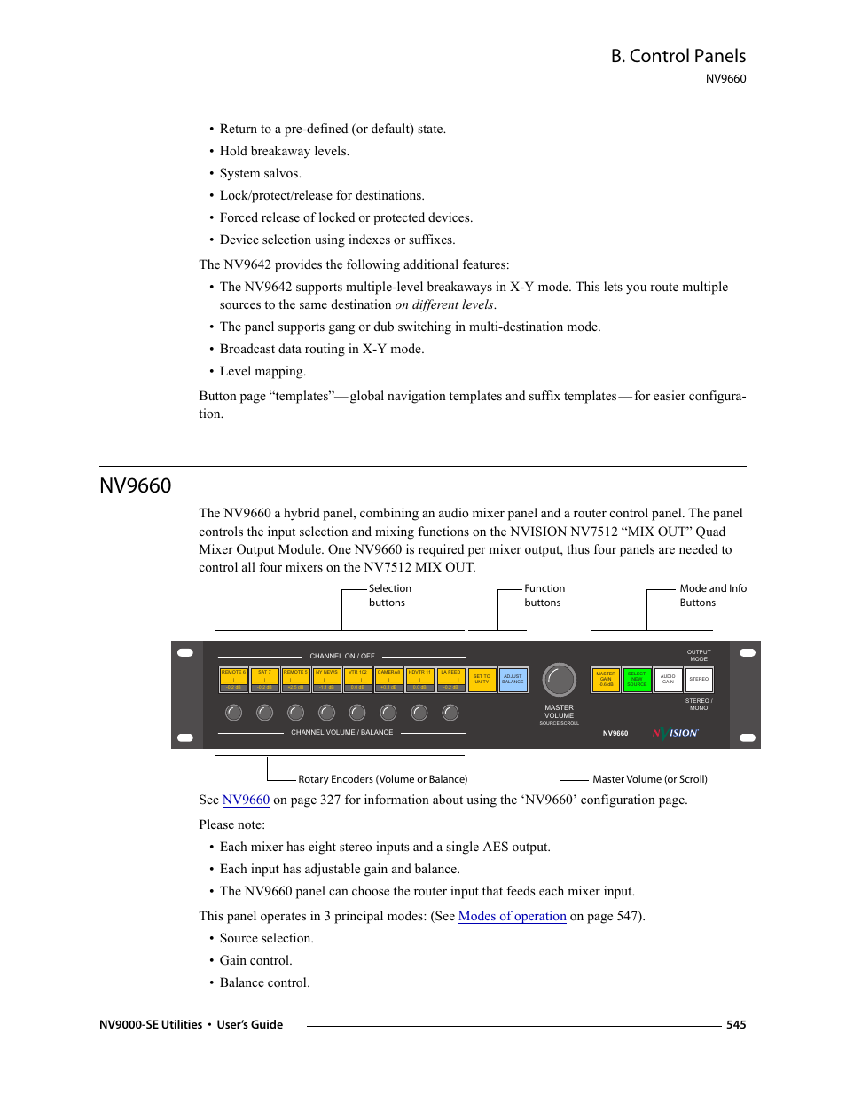 Nv9660, Ns, see, B. control panels | Global navigation templates and suffix templates, For easier configura- tion | Grass Valley NV9000-SE v.3.0 User Manual | Page 565 / 590