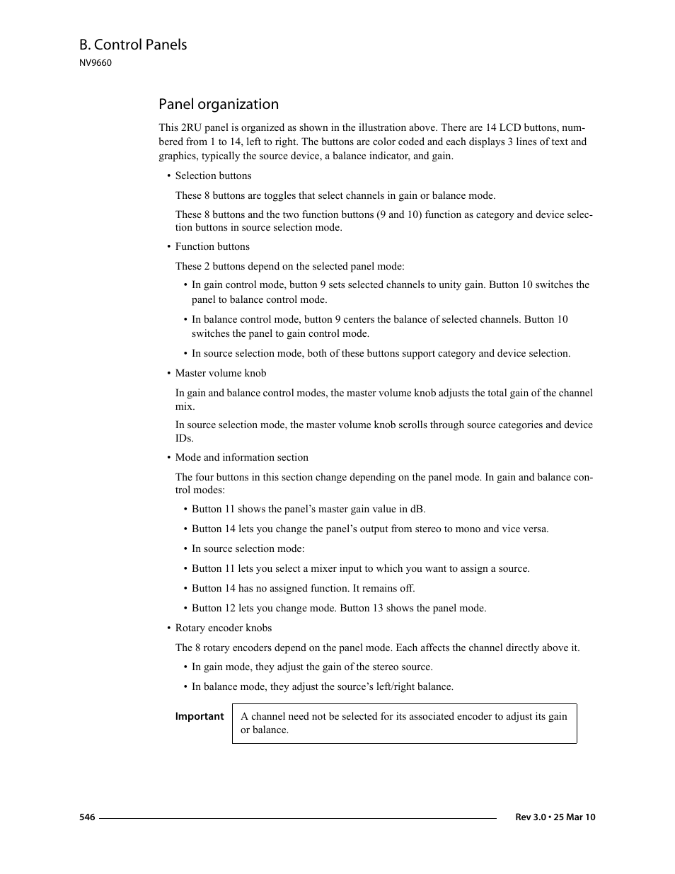 Panel organization, B. control panels | Grass Valley NV9000-SE v.3.0 User Manual | Page 566 / 590