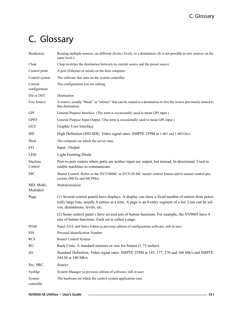 C. glossary, Appendix c, Glossary | Grass Valley NV9000-SE v.3.0 User Manual | Page 571 / 590