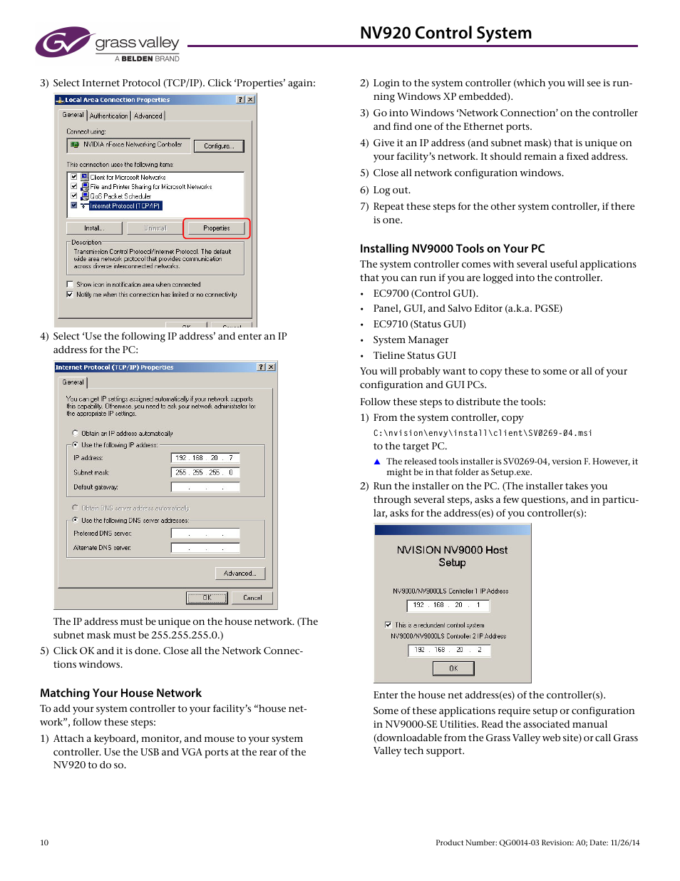 Nv920 control system, Matching your house network, Installing nv9000 tools on your pc | Grass Valley NV920 Nov 26 2014 User Manual | Page 10 / 11