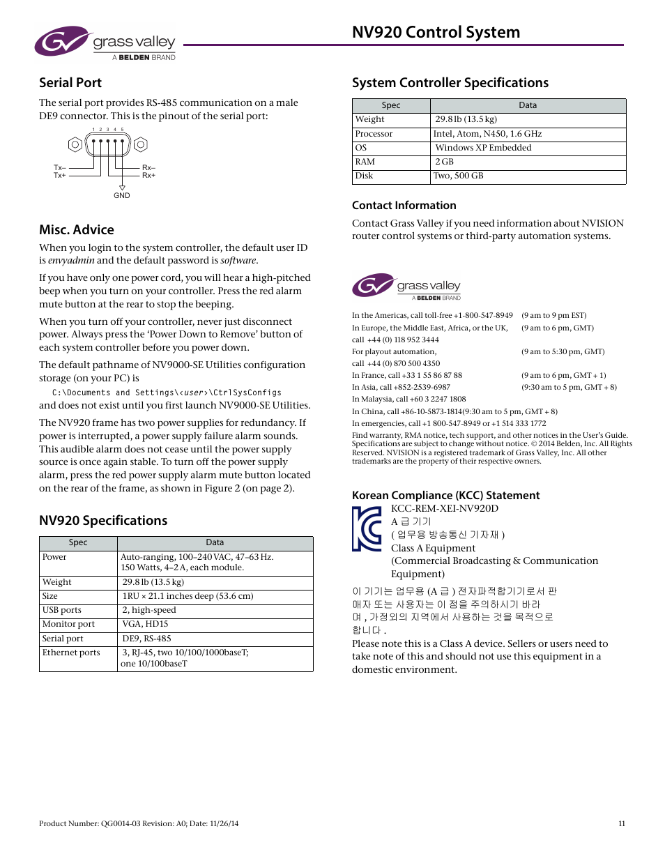 Nv920 control system, Serial port, Misc. advice | Contact information, Korean compliance (kcc) statement | Grass Valley NV920 Nov 26 2014 User Manual | Page 11 / 11