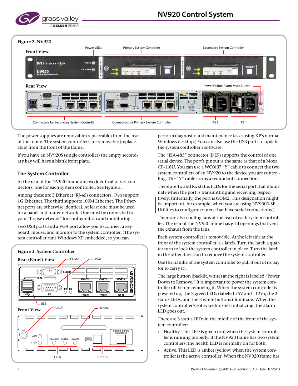 Nv920 control system, The system controller | Grass Valley NV920 Nov 26 2014 User Manual | Page 2 / 11