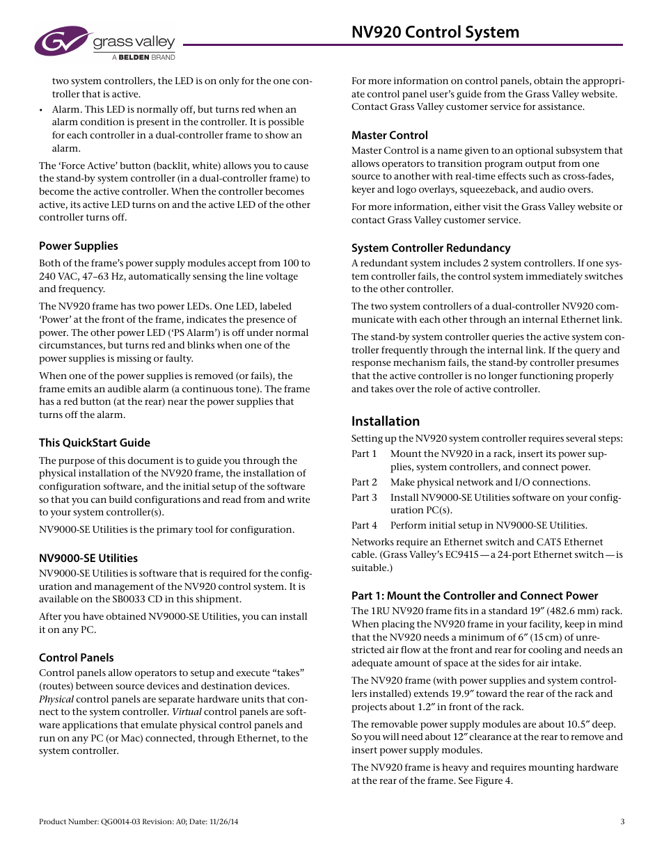 Nv920 control system, Installation | Grass Valley NV920 Nov 26 2014 User Manual | Page 3 / 11