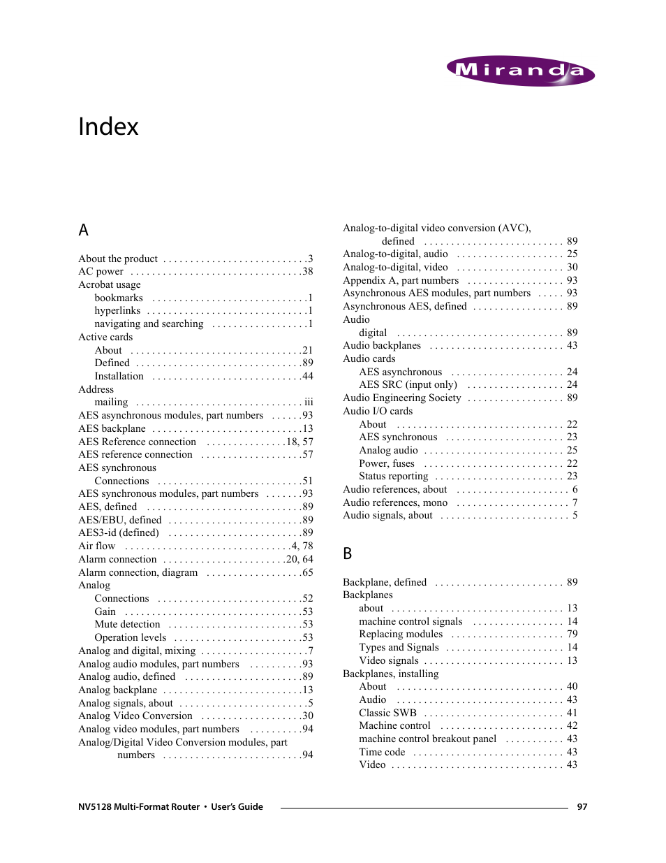 Index | Grass Valley NV5128 v.2.5 User Manual | Page 107 / 114