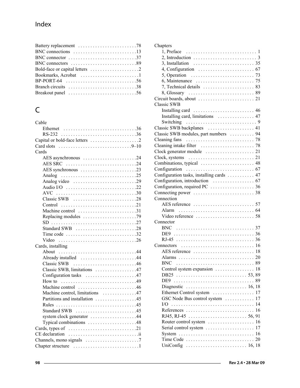 Index | Grass Valley NV5128 v.2.5 User Manual | Page 108 / 114