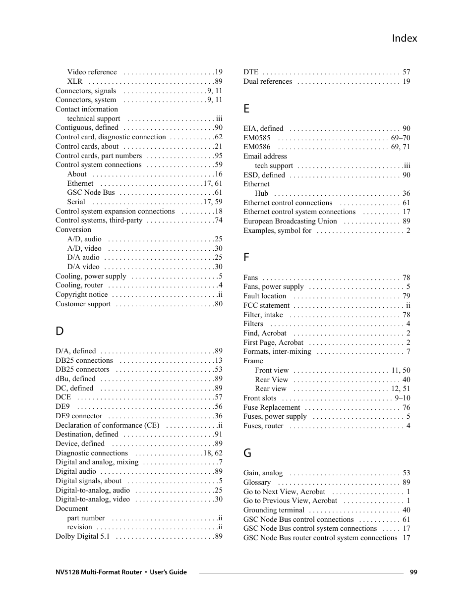 Index | Grass Valley NV5128 v.2.5 User Manual | Page 109 / 114