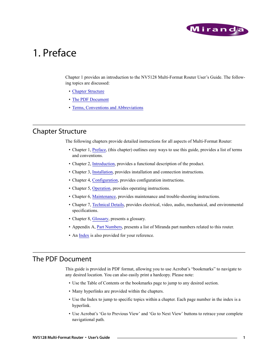 Preface, Chapter structure, The pdf document | Chapter 1, Chapter structure the pdf document | Grass Valley NV5128 v.2.5 User Manual | Page 11 / 114