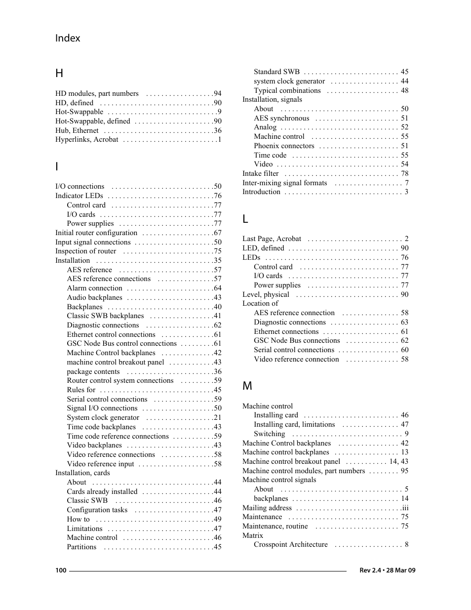 Index | Grass Valley NV5128 v.2.5 User Manual | Page 110 / 114