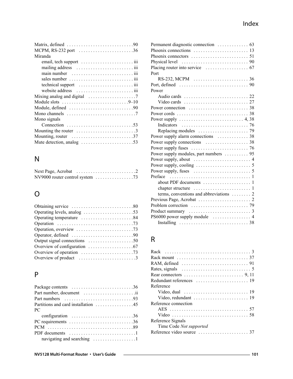 Index | Grass Valley NV5128 v.2.5 User Manual | Page 111 / 114