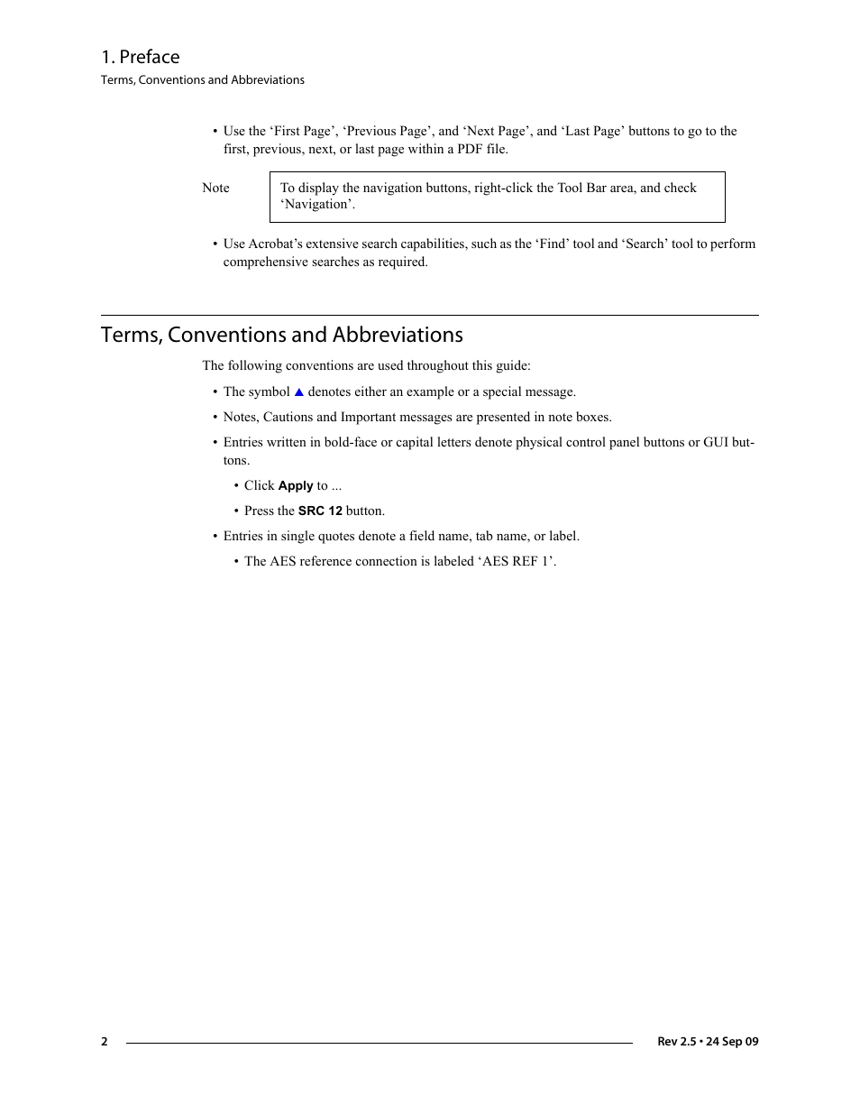 Terms, conventions and abbreviations, Preface | Grass Valley NV5128 v.2.5 User Manual | Page 12 / 114