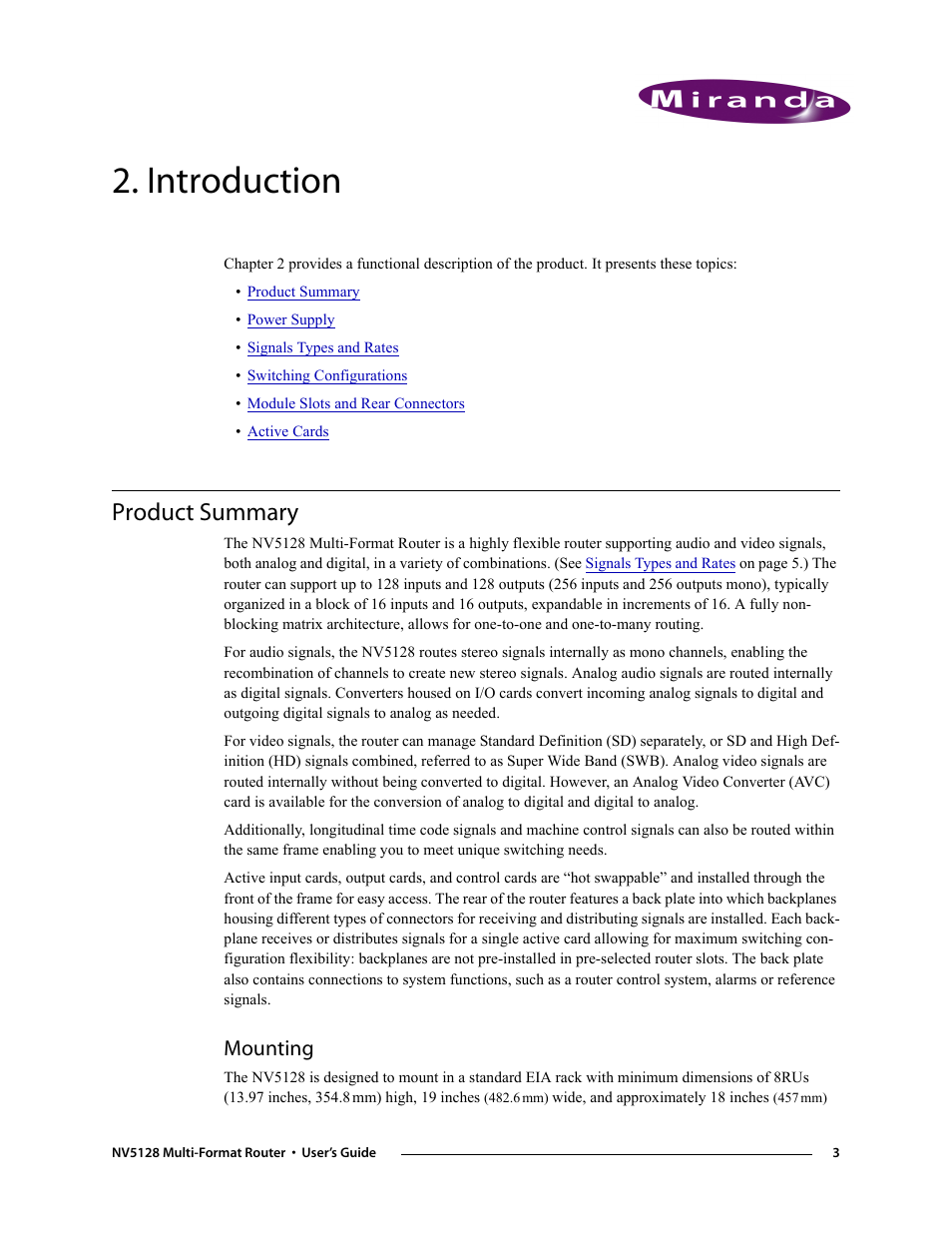 Introduction, Product summary, Mounting | Chapter 2 | Grass Valley NV5128 v.2.5 User Manual | Page 13 / 114