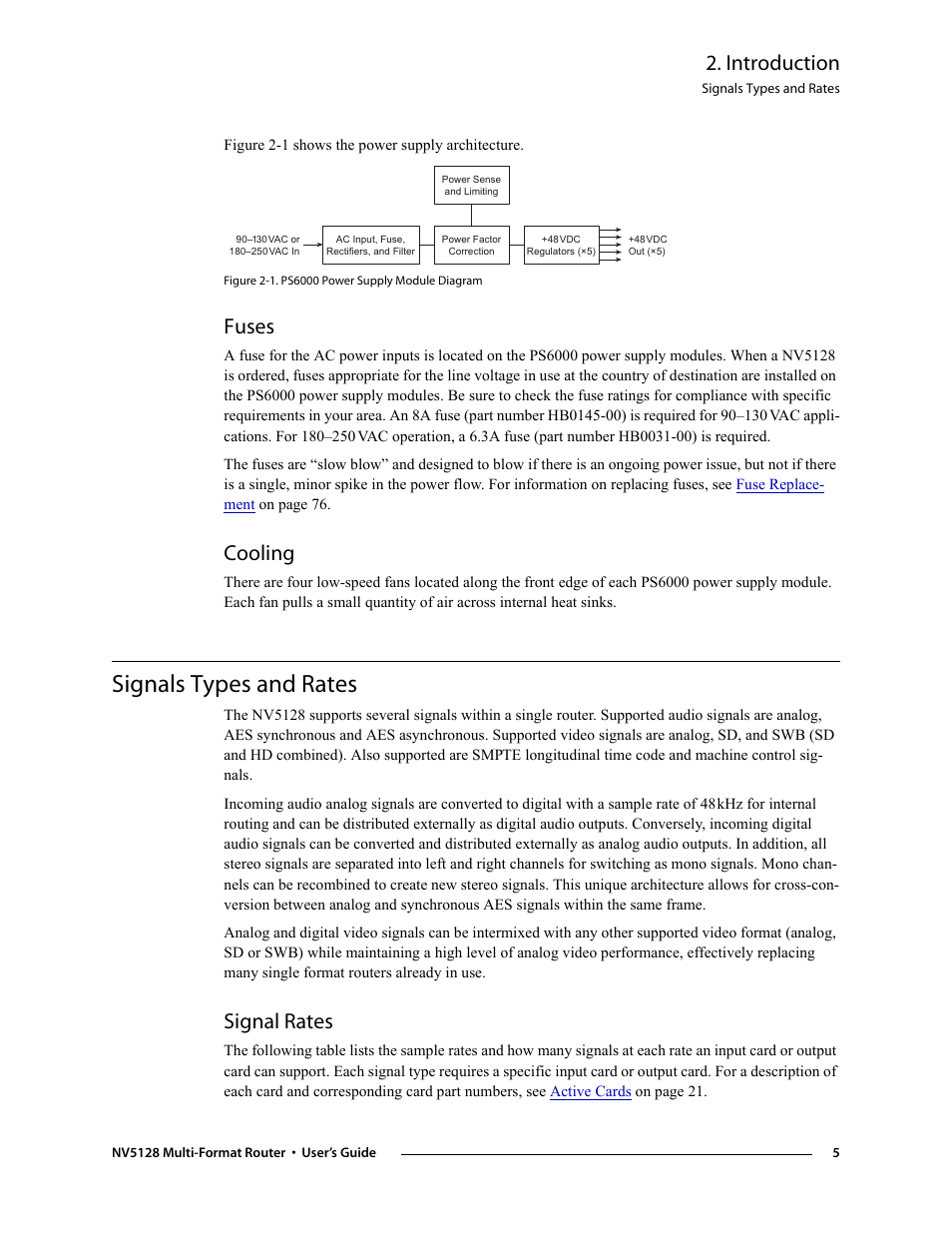 Fuses, Cooling, Signals types and rates | Signal rates, Fuses cooling, Introduction | Grass Valley NV5128 v.2.5 User Manual | Page 15 / 114