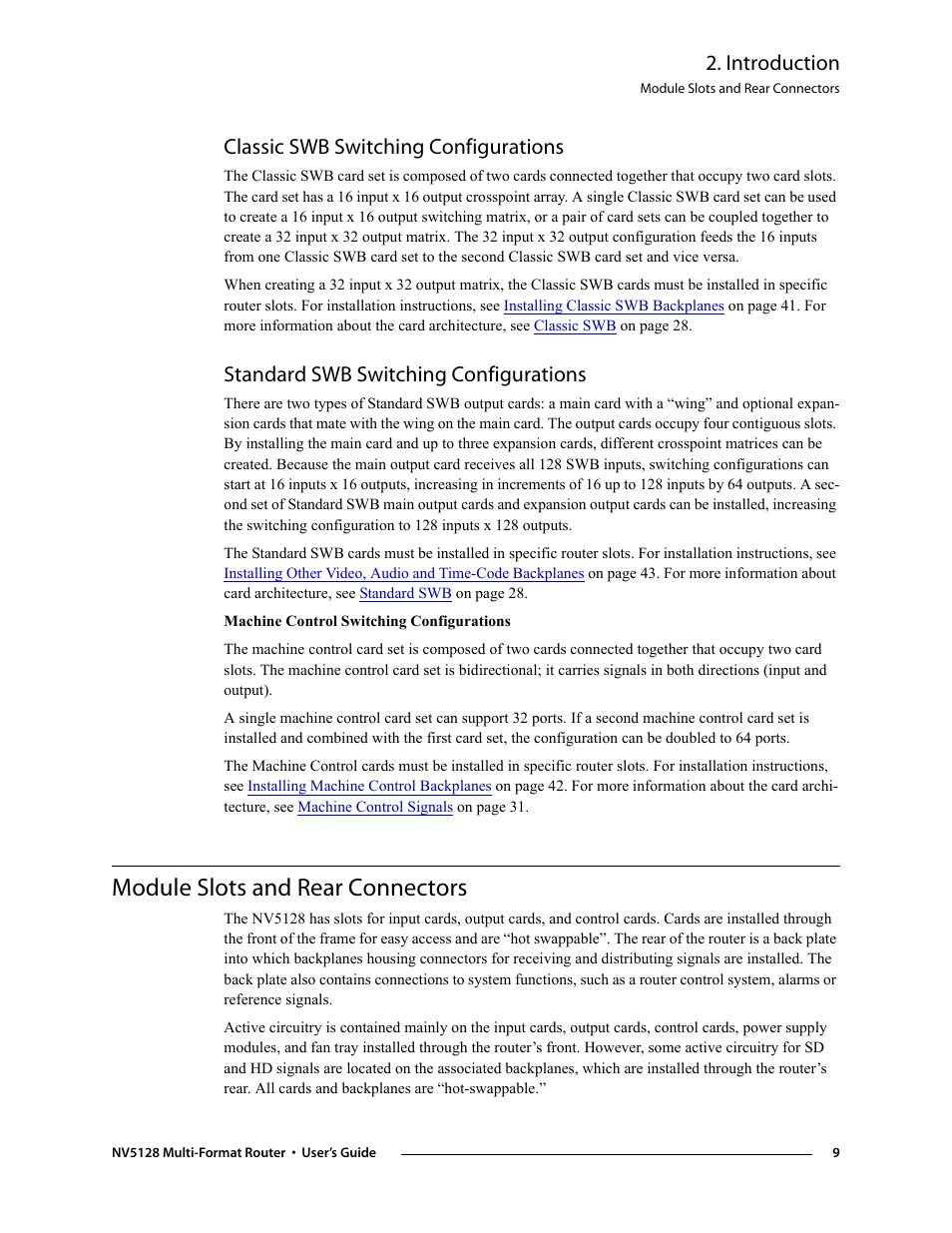 Classic swb switching configurations, Standard swb switching configurations, Module slots and rear connectors | Introduction | Grass Valley NV5128 v.2.5 User Manual | Page 19 / 114