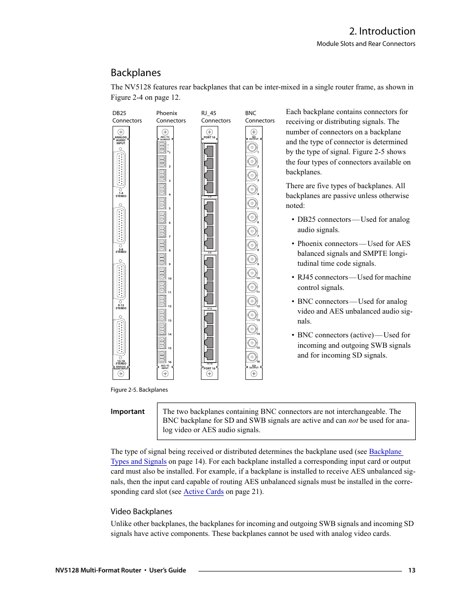 Backplanes, Video backplanes, Introduction | Used for machine control signals. • bnc connectors, Module slots and rear connectors | Grass Valley NV5128 v.2.5 User Manual | Page 23 / 114