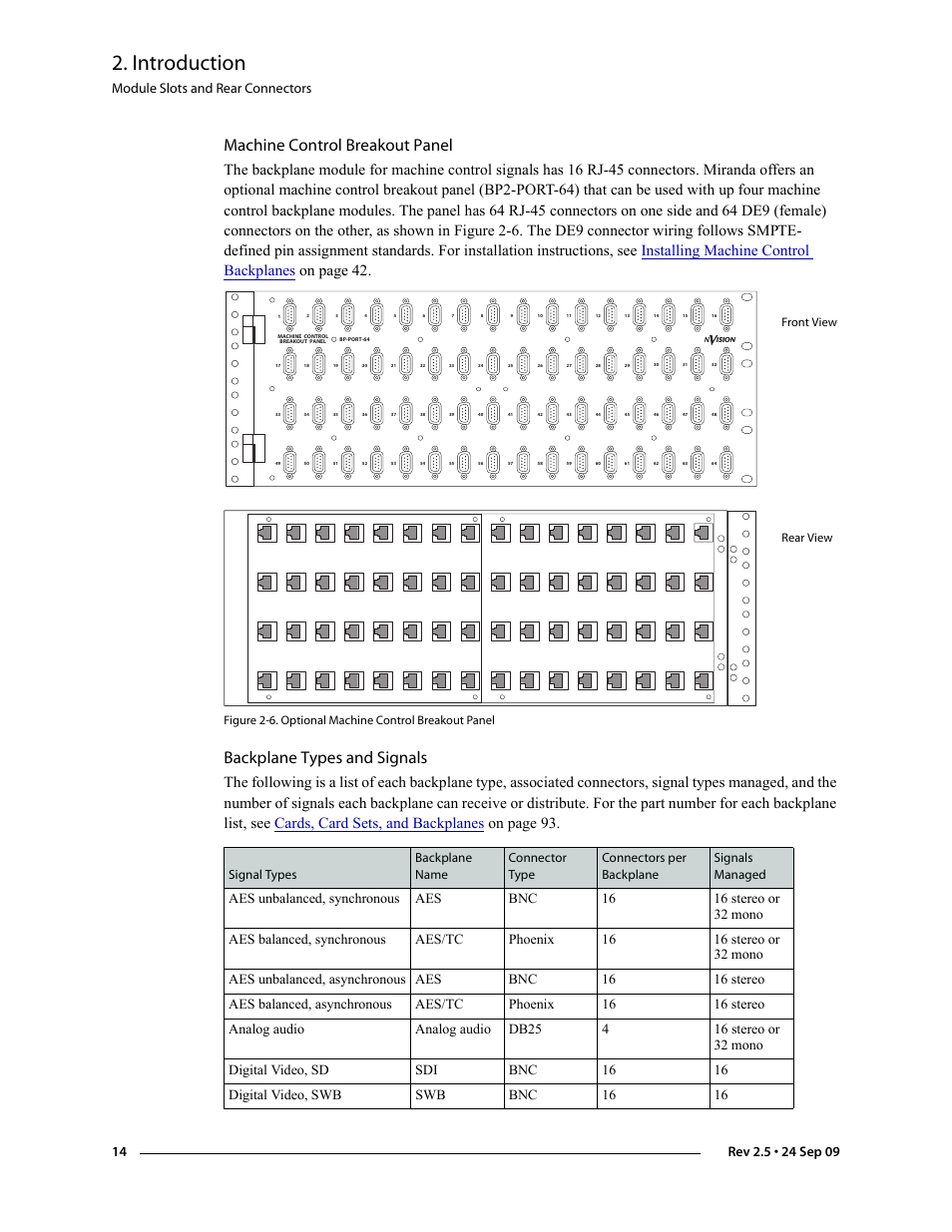 Machine control breakout panel, Backplane types and signals, Backplane | Types and signals, Introduction, Module slots and rear connectors | Grass Valley NV5128 v.2.5 User Manual | Page 24 / 114