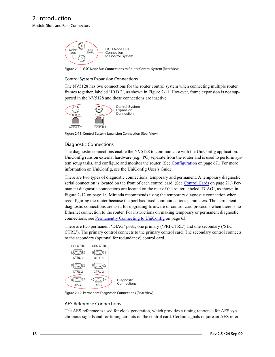 Diagnostic connections, Aes reference connections, Diagnostic connections aes reference connections | Figure 2-10, next, Introduction | Grass Valley NV5128 v.2.5 User Manual | Page 28 / 114