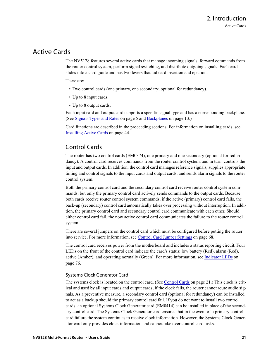 Active cards, Control cards, Systems clock generator card | Part numbers, see, L card (see, Control card. (see, Control, Cards, Introduction | Grass Valley NV5128 v.2.5 User Manual | Page 31 / 114